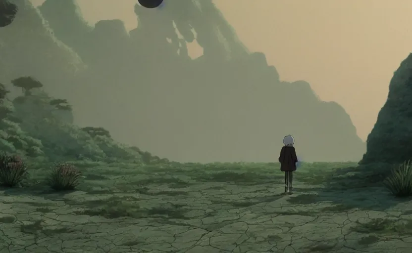 Prompt: a movie still from a studio ghibli movie showing a highly detailed landscape with a giant living buddha walking through the desert. 1 9 8 0's science fiction, 1 9 7 0's science fiction, misty, depth perception, 4 k