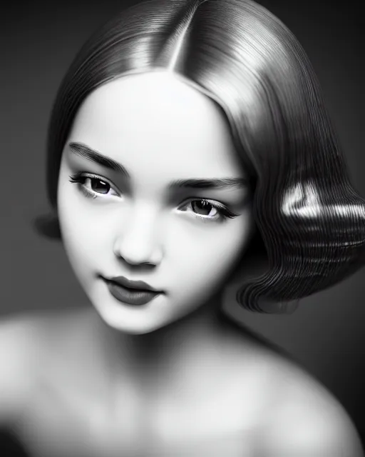 Image similar to black and white dreamy young beautiful female artificial intelligence, cinematic, rim light, photo - realistic, elegant, high detail, 8 k, masterpiece, photo taken in 1 9 3 0
