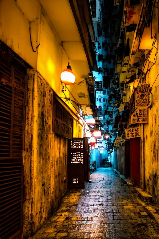 Image similar to an interior view of an old walled city in Hong Kong, colorful, dated and old, dark moody lighting, very detailed, photoreal, 8k, canon 20mm lens