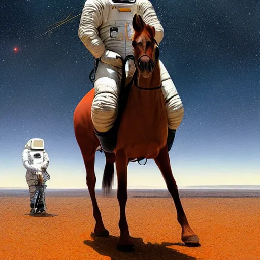 Image similar to a horse on top a man, a horse carried by a astronaut, hyperrealism, no blur, 4 k resolution, ultra detailed, style of ron cobb, adolf hiremy - hirschl, syd mead, ismail inceoglu, rene margitte