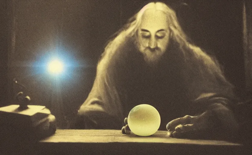 Image similar to wizard seated in dimly lit study, holding hand over a crystal ball, crystal ball glowing blue