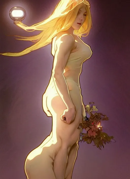 Image similar to digital character concept art by artgerm and greg rutkowski and alphonse mucha. clear portrait of a modern young wife blessed by god to uncontrollably grow overwhelmingly perfect!! blonde, in clothes! feminine well - formed holy body!! light effect. hyper detailed, glowing lights!! intricate, elegant, digital painting, artstation, smooth, sharp focus