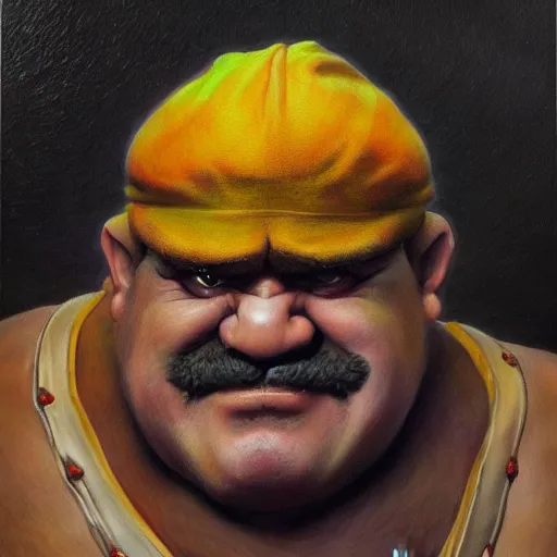 Image similar to An ultra realistic portrait painting of Wario in the style of Frank Frazetta, 4k, Ultra realistic, Highly Detailed, Dark Fantasy, Epic Lighting