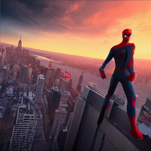 Image similar to A realistic photo with a mixture of spiderman and batman, hyper-realistic, 8K HDR, sunset.