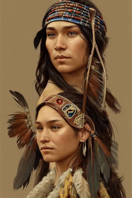 Image similar to A full portrait of a native american scout, intricate, elegant, highly detailed, digital painting, artstation, concept art, smooth, sharp focus, illustration, art by Krenz Cushart and Artem Demura and alphonse mucha