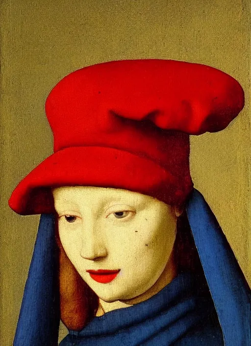 Image similar to red hat, medieval painting by jan van eyck, johannes vermeer