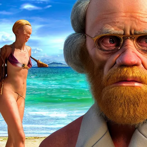 Image similar to charles darwin in a women's bikini realistic 8 k hdr photograph