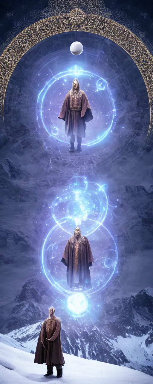 Image similar to Portrait of a powerful wizard surrounded by a circular array of glowing elemental magic orbs, the wizard is standing in front a scenic landscape of snowcapped mountains, intricate details, photo realistic, award winning, dramatic lighting, intricate details, award winning, depth of field, UHD 8K