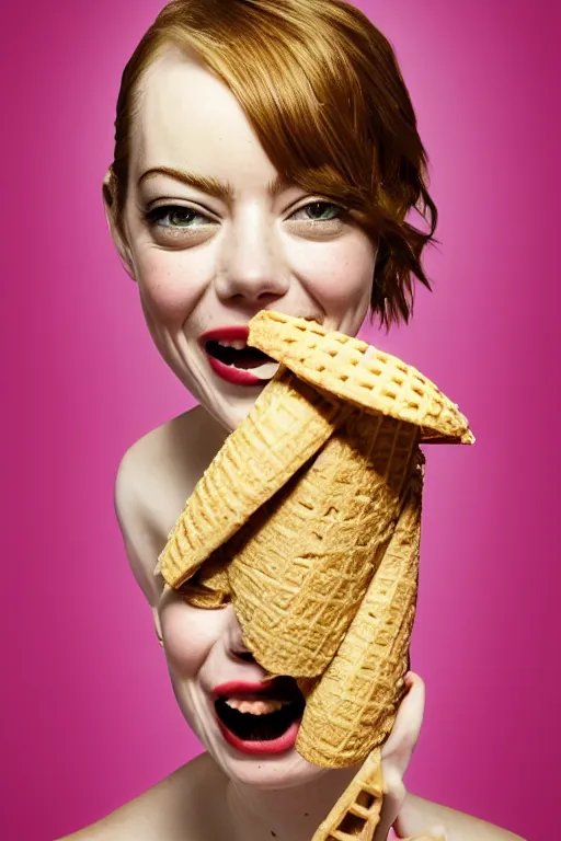 Prompt: 📷 emma stone the ice - cream cone 🍦, made of food, head portrait, dynamic lighting, 4 k