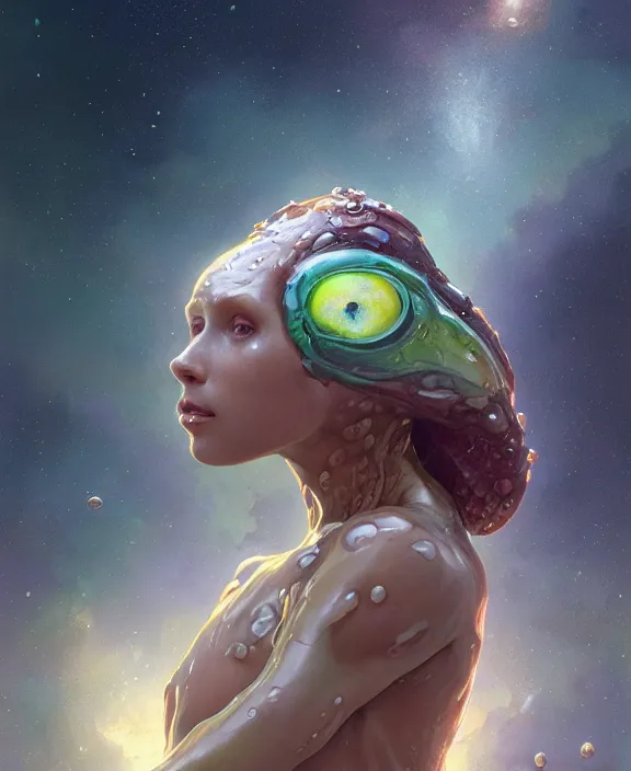 Image similar to portrait of a wet slimy alien fungus creature, adorable, childlike, milky way environment, ultra realistic, concept art, psychedelic, photorealistic, octane render, 8 k, unreal engine. art by christopher marley and artgerm and greg rutkowski and alphonse mucha