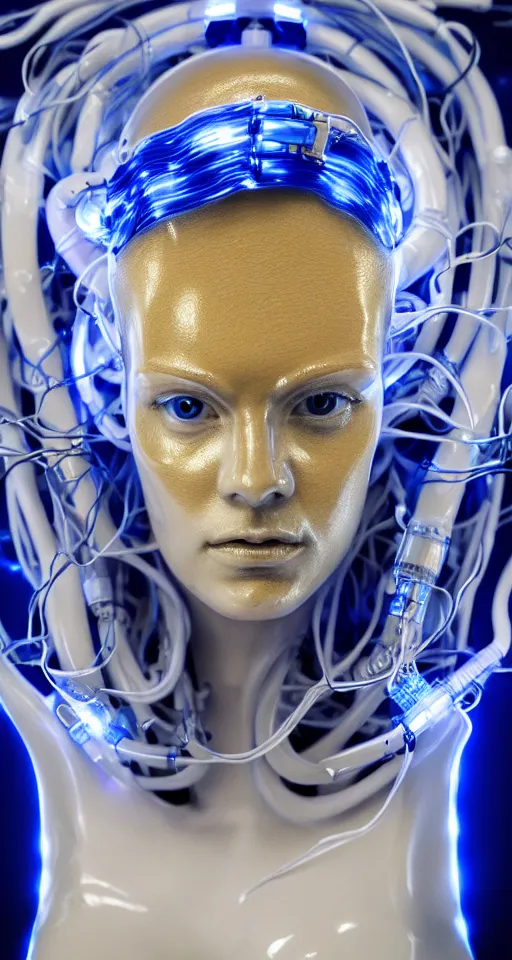 Prompt: portrait of a graceful cyborg, made of porcelain of delft, blue of delft with kintsugi, golden mechanical details, fluid cables, blue led details, octane, 8 k resolution, detailed, realistic