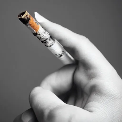 Prompt: Close-up of highly detailed hand holding cigarette with smoke, vintage photo, white background,