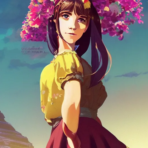 Prompt: portrait of Emma Watson as Hermione, dressed as Cleopatra, field of flowers background, rich vivid colors, ambient lighting, dynamic lighting, 4k, HQ, anime key visual, makoto shinkai, ilya kuvshinov, lois van baarle, rossdraws, detailed, trending on artstation