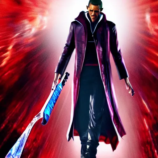 Prompt: Barak Obama as a character in Devil May Cry, film still, photorealistic, medium shot