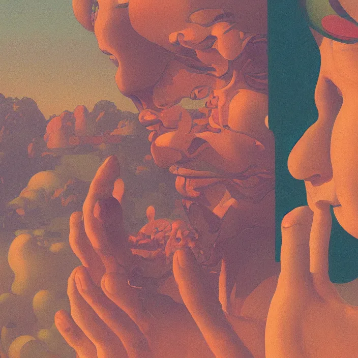 Image similar to close up portrait of a man and woman having fun with lsd and magic mushrooms by kawase hasui, moebius, Edward Hopper and James Gilleard, Zdzislaw Beksinski, Steven Outram, 8k, volumetric lighting, artstation