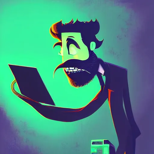 Image similar to curled perspective digital art of curly grey hair bearded man using a computer by anton fadeev from nightmare before christmas