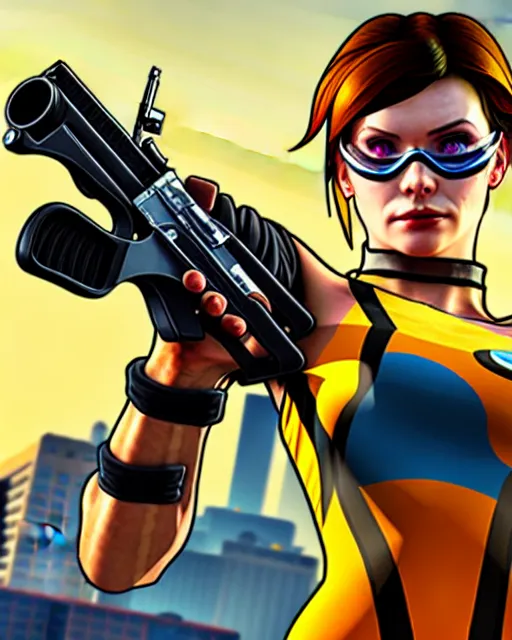 Image similar to gta 5, grand theft auto 5 cover art of tracer from overwatch