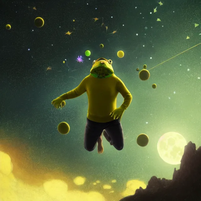 Prompt: an green! athletic toad jumps to the sky to become one with the stars, wearing yellow sweater and black sport shorts, cosmos, moon, by mucha and caspar david friedrich, atmospheric lighting, intricate detail, cgsociety, hyperrealistic, octane render, rpg portrait, ambient light, dynamic lighting