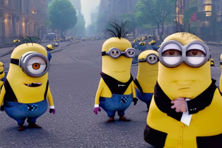 Image similar to donald trump as gru, being followed by minions, movie still