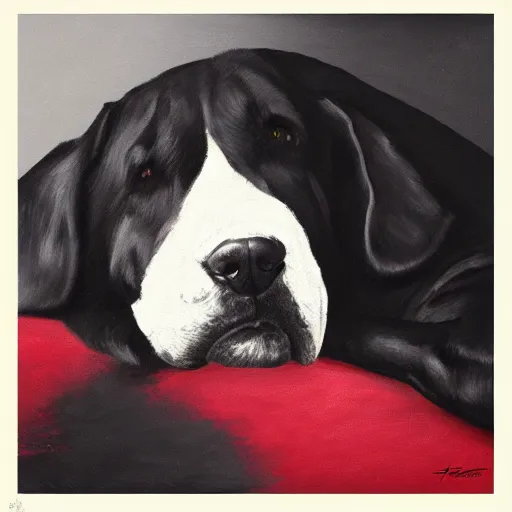 Prompt: black dog resting between red cushions, portrait, trending on artstation