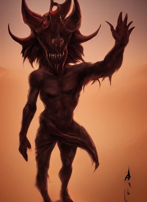 Image similar to terrific jinn demon in middle of desert with hoof on his feet with long cloth, horror, dark atmosphere, harsh lighting, cinematic lighting, scary, award wining art, artstation, high details, concept art, 4 k