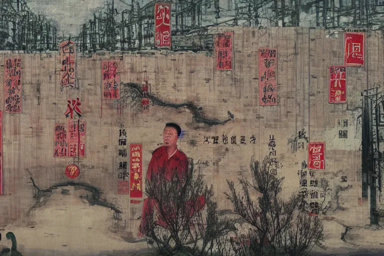 Prompt: a chinese prison near a river by peter doig, overlaid with chinese adverts