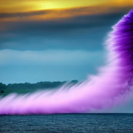 Prompt: Beautiful amazing purple tornado descending into a beautiful landscape in denmark