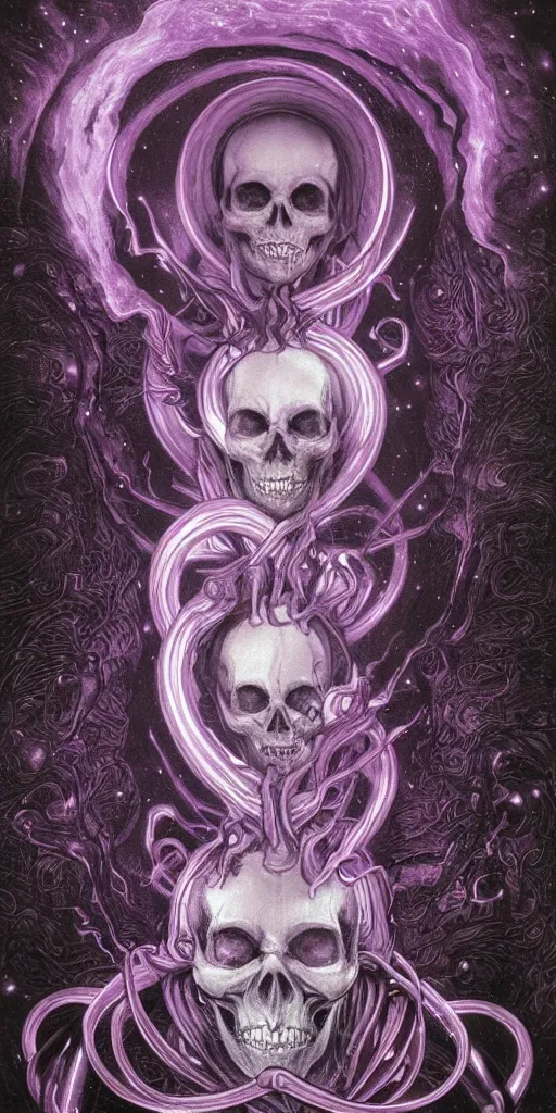 Prompt: intense glowing black metal pagan god with tentacles and intense black eyes with a skull in very dark purple cosmic space nebula by artgerm and alphonse mucha and beksinski, portrait, fantasy, clear, light beams, lens flare, soft, uhd, amazing depth, cinematic lighting, violet and red and black and white and metallic silver