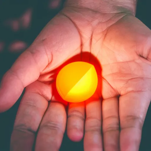 Prompt: a small glowing orange triangle floating above an open hand, dark lighting