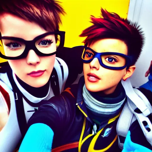 Prompt: tracer from overwatch smartphone selfie with friends