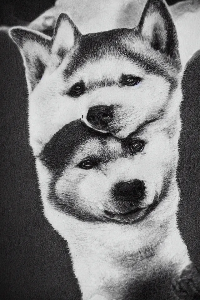 Prompt: a portrait of a shiba inu on stage with carlos santana, hyperrealistic, realistic, highly detailed, b & w, 4 k