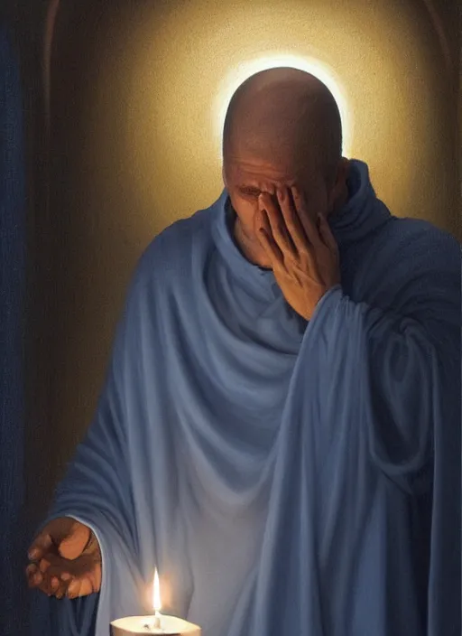 Image similar to oil painting portrait of a crying sad weeping sobbing tonsured dominican monk in a simple rough habit, kneeling in a blue cold moonlit empty small chapel at night, hazy, digital art, artstation, cinematic, moonlight, digital art painting by greg rutkowski, hazy atmosphere, candles, cinematic blue lighting