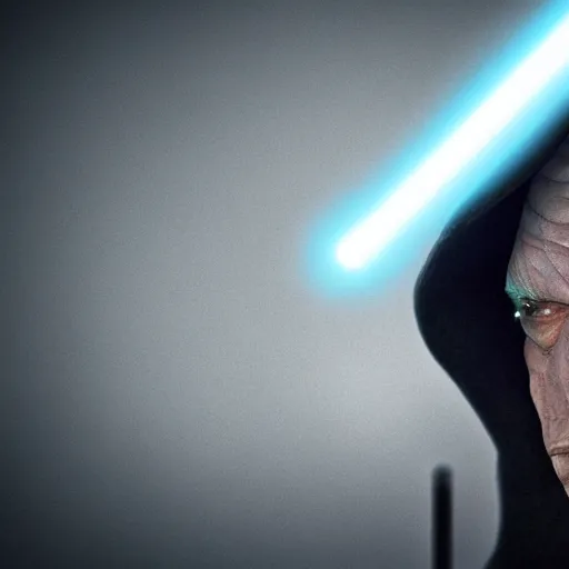 Image similar to darth sidious with lightsaber, heavy rain, lightning, moody lighting, shallow depth of field,