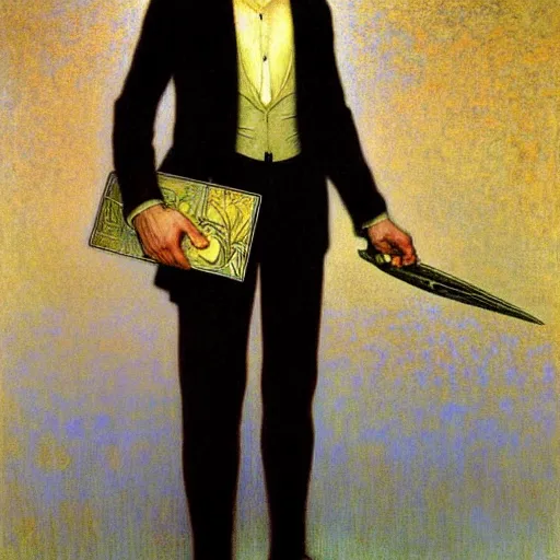 Image similar to realistic extremely detailed portrait painting of. an average. man with his. briefcase .in his. left hand . by Jean Delville, Amano, Yves Tanguy, Alphonse Mucha, Ernst Haeckel, Edward Robert Hughes, Roger Dean, pale muted pastel moody colors, gold eyes