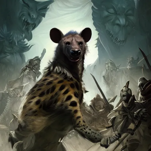 Image similar to Hyena, Anthropomorphized, as warlord general on skull throne, magic the gathering artwork, D&D, fantasy, cinematic lighting, centered, symmetrical, highly detailed, digital painting, artstation, concept art, smooth, sharp focus, illustration, volumetric lighting, epic Composition, 8k, art by Akihiko Yoshida and Greg Rutkowski and Craig Mullins, heroic pose, oil painting, cgsociety, Battlefield background, explosions, arrows