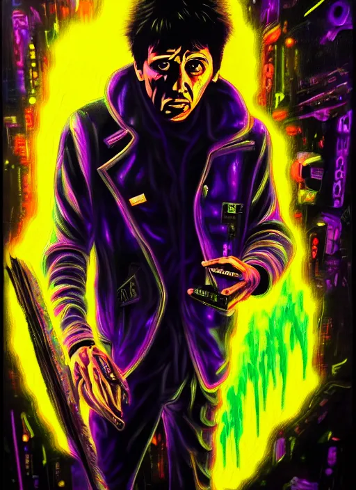 Prompt: photorealistic tony montana in a style of cyberpunk, magic glowing blur, glamour necro science acrylic painting, salvia divinorum made in abyss