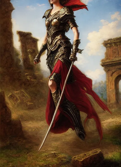 Image similar to woman in dark princess dragon armor, walking on the mystical ancient ruins. by william henry hunt