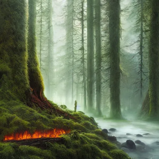 Prompt: Fantasy Oil painting of Hoh National Forest and logs covered in moss, Greg Rutkowski, National Geograpic, Trending on Artstation, Morning Glow n- 8 H- 640 W- 360