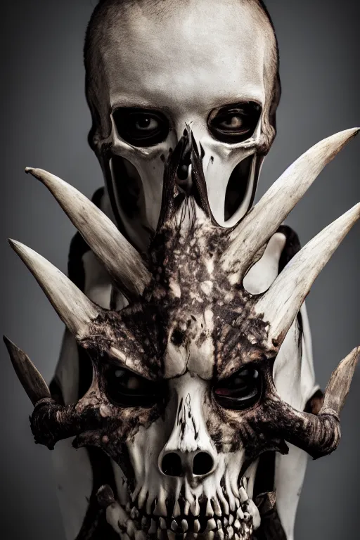 Prompt: a beautifull demon model, wearing organic bone armor, luxury materials, symmetrical, cinematic, elegant, professional studio light, real dlsr photography, sharp focus, 4 k, ultra hd, sense of awe, high fashion