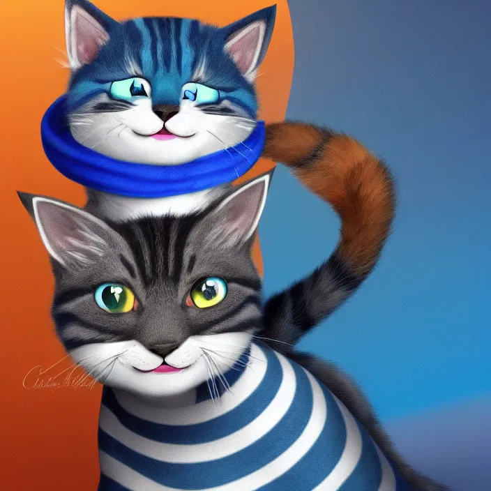 Image similar to cute blue striped cat of cheshire from alice in wonderland. an adorable cat with light blue stripes and a big playful human - like smile. award - winning digital art, trending on artstation