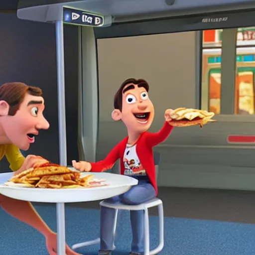 Prompt: disney pixar animation of phil the power taylor eating a kebab in a bus station