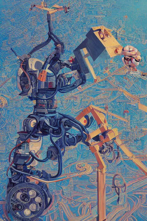 Prompt: painting of a boy fixing his robot by Lohmuller Gyuri and Victo Ngai, high angle, oil on canvas