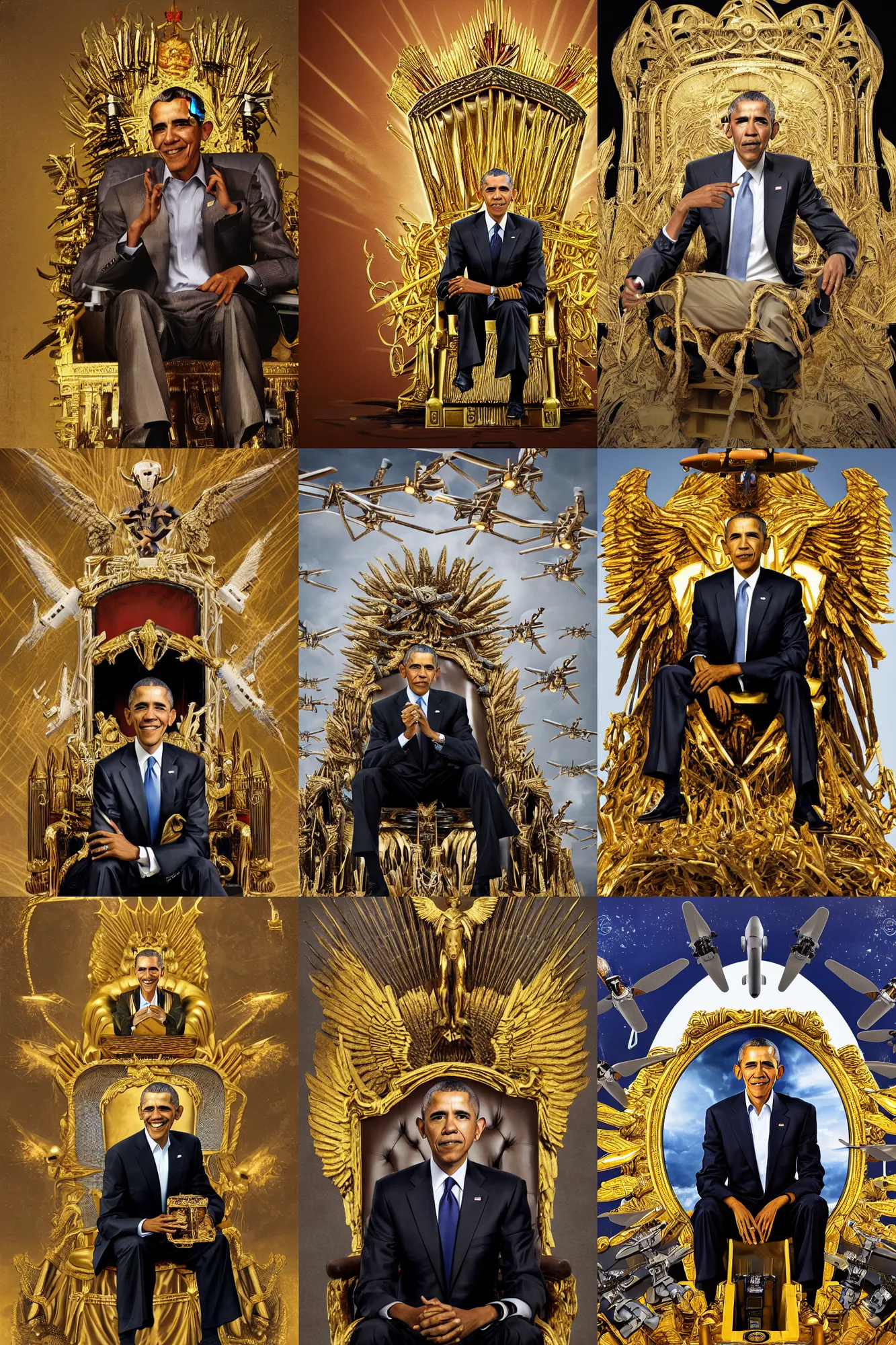 Prompt: concept art portrait of Barack Obama The Drone King sitting on a golden throne with MQ-1 Predator Drones (military) flying out from under it, Copyright TIME Magazine, (EOS 5DS R, ISO100, f/8, 1/125, 84mm, modelsociety, prime lense)