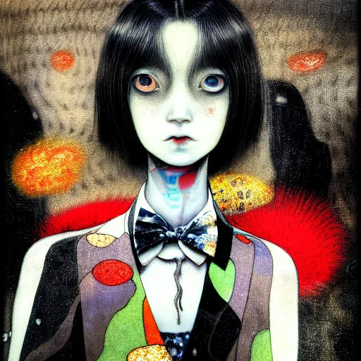 Image similar to yoshitaka amano blurred and dreamy realistic three quarter angle portrait of a young woman with black lipstick and black eyes wearing dress suit with tie, junji ito abstract patterns in the background, satoshi kon anime, noisy film grain effect, highly detailed, renaissance oil painting, weird portrait angle, blurred lost edges