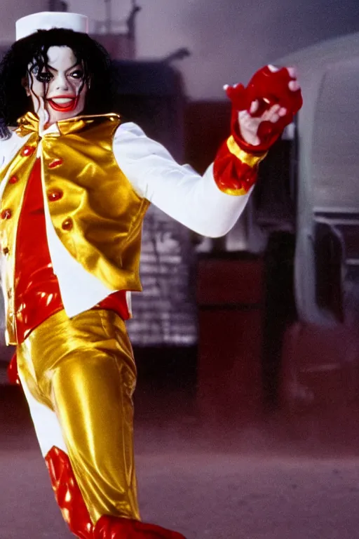 Image similar to film still of michael jackson as ronald mcdonald, full-shot, 4k