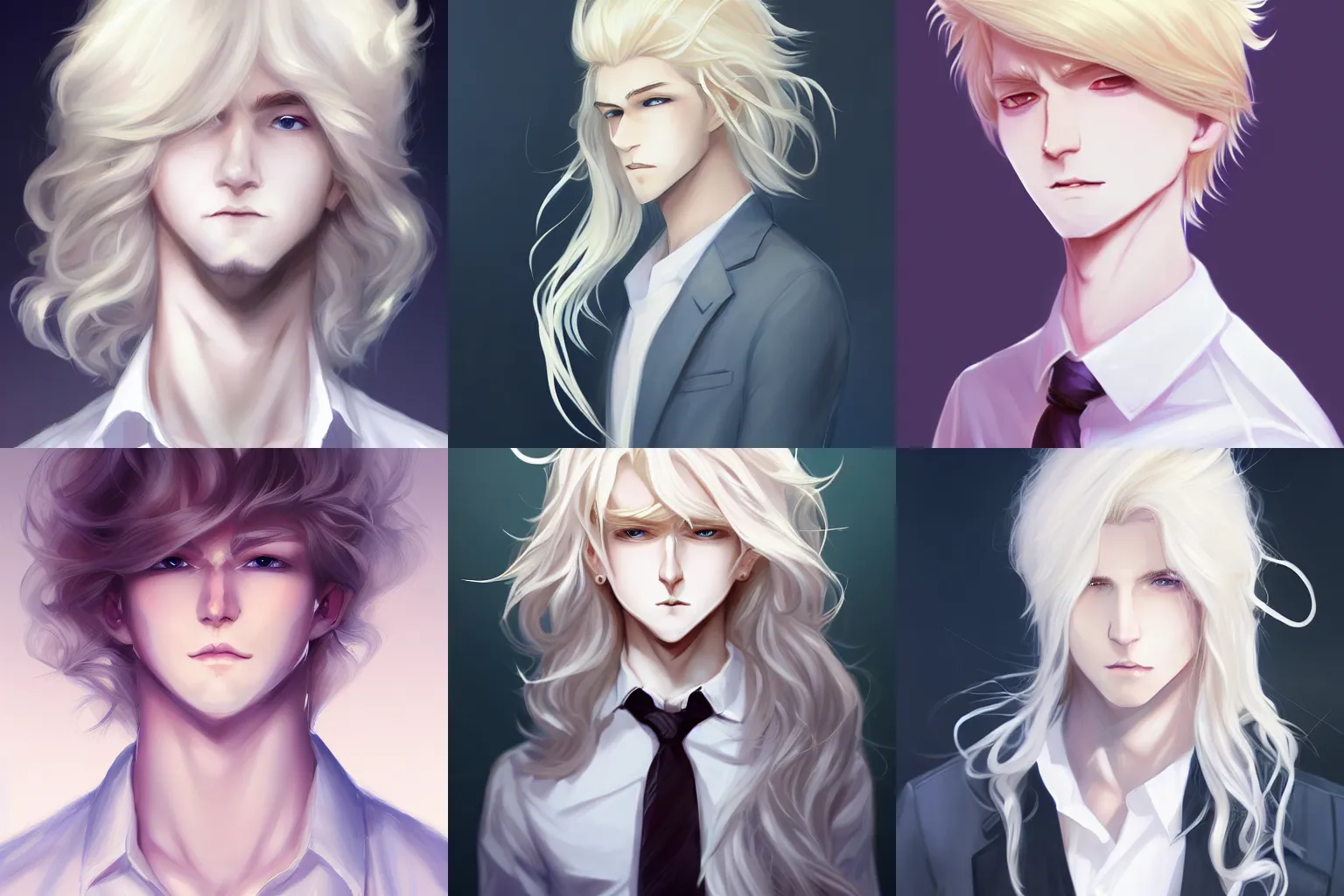 Prompt: the beautiful androgynous young blond male lucius, white dress shirt, very very long fluffy curly blond hair, pale white skin, 1 5 0 4, by sakimichan and rossdraws, 4 k digital painting, artstation cgsociety