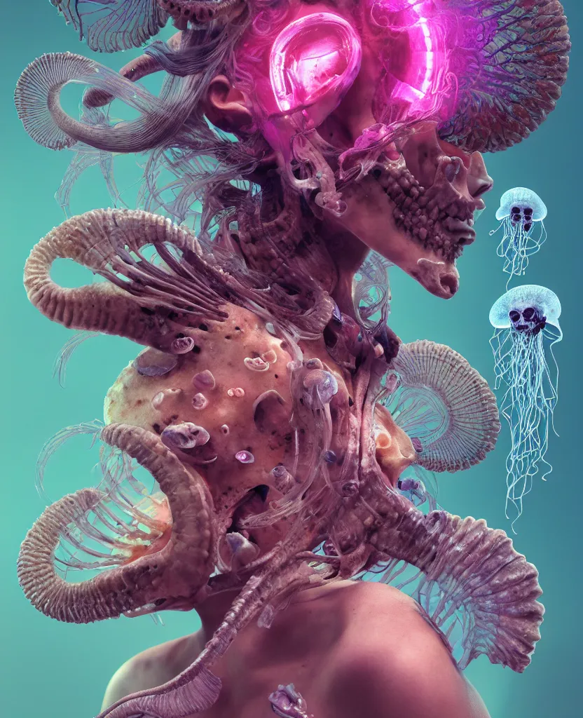 Image similar to goddess close-up portrait ram skull, thorax, x-ray, backbone, jellyfish phoenix head, nautilus, orchid, skull, betta fish, bioluminiscent creatures, intricate artwork by Tooth Wu and wlop and beeple. octane render, trending on artstation, greg rutkowski very coherent symmetrical artwork. cinematic, hyper realism, high detail, octane render, 8k