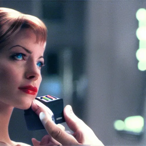 Prompt: a still of a beautiful pin up playing with a NES controller, in the movie Minority Report (2002), highly detailed and intricate, cinematic lighting, 4k HDR