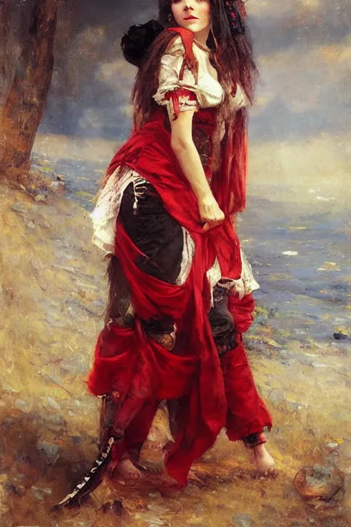 Image similar to Solomon Joseph Solomon and Richard Schmid and Jeremy Lipking victorian genre painting full length portrait painting of a young beautiful woman traditional german french pirate wench in fantasy costume, red background