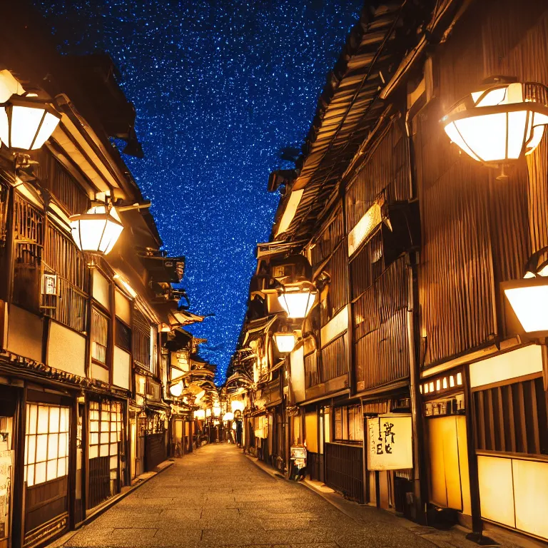 Prompt: photograph of kyoto street at night, bright street lamps, lens flare